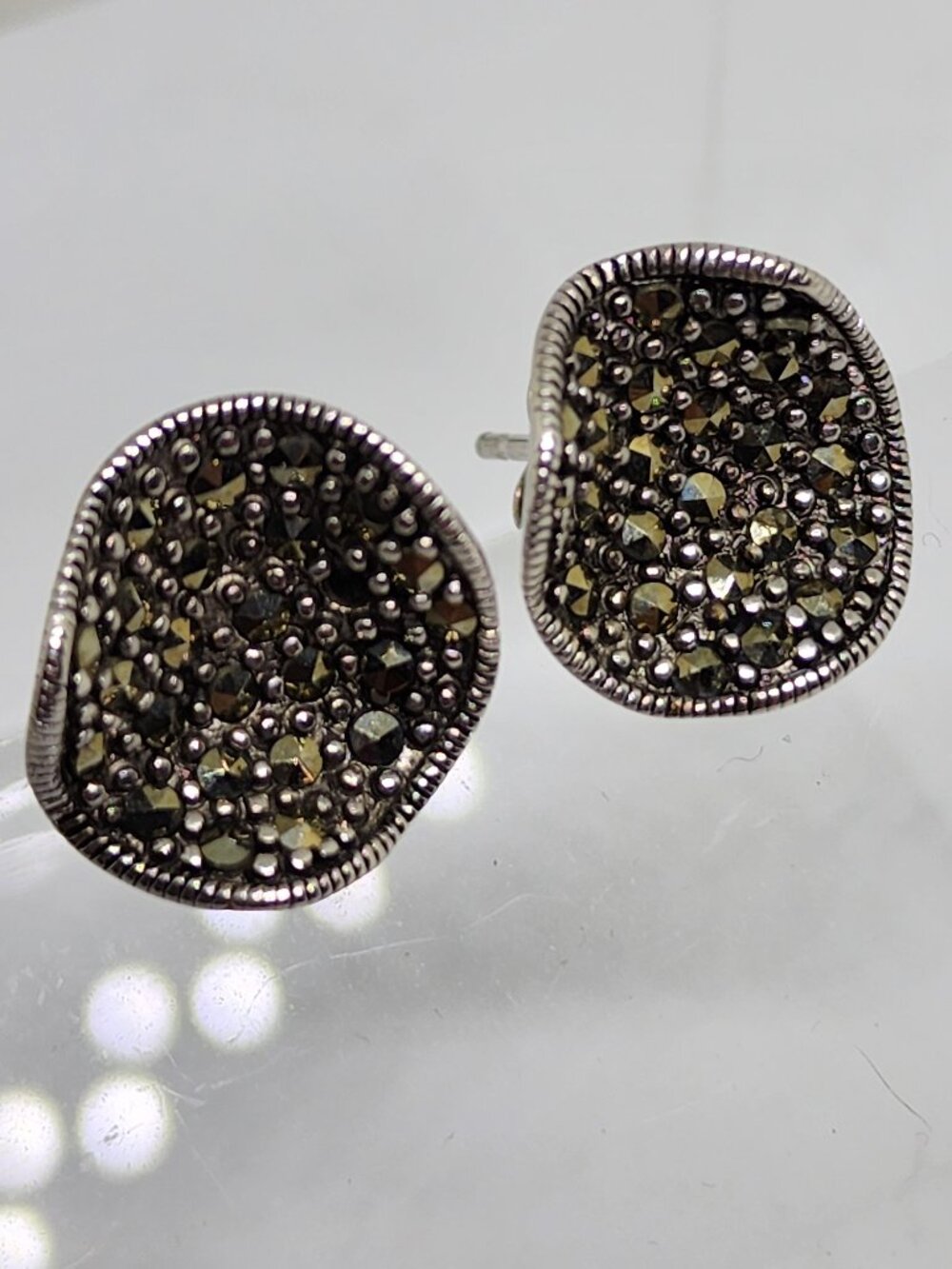 Vintage Round Sterling Silver Pave' Marcasite Wavy Elegant Stud Pierced Earrings